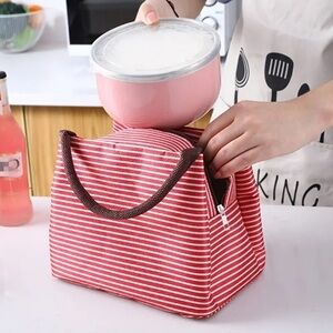 Lunch bag, Red & White stripe. Leak proof/Insulated/Durable/ 8”x5.9x6.1 NIP